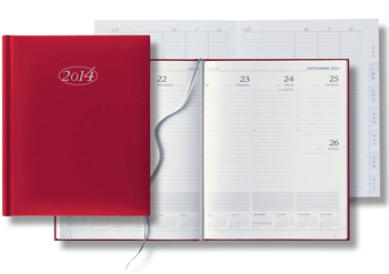 large red desk planner with ribbon marker