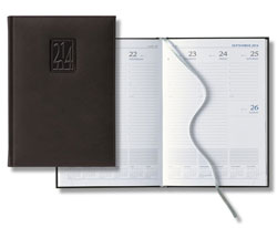 black faux leather mid size desk planner with debossed cover motif