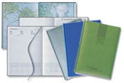 Silver Vega, Electric Blue Lione (100 percent recyclable), and Light Green Tuscon English Spanish Desk Weekly Planners
